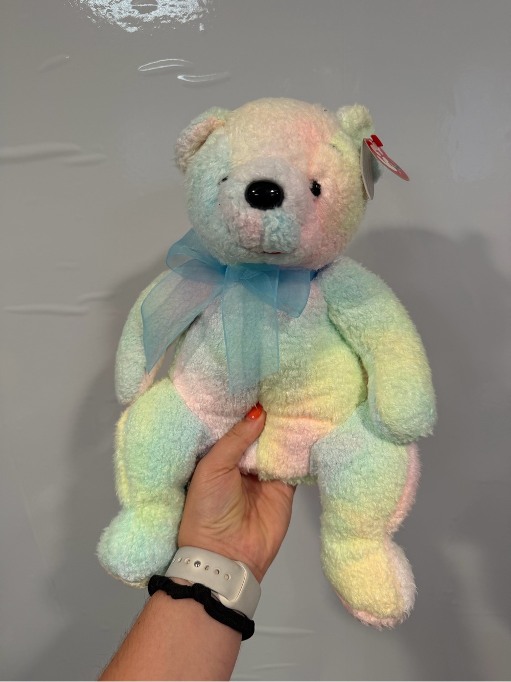 TY Beanie Babies Mellow Pastel Rainbow Teddy Bear with Blue Bow